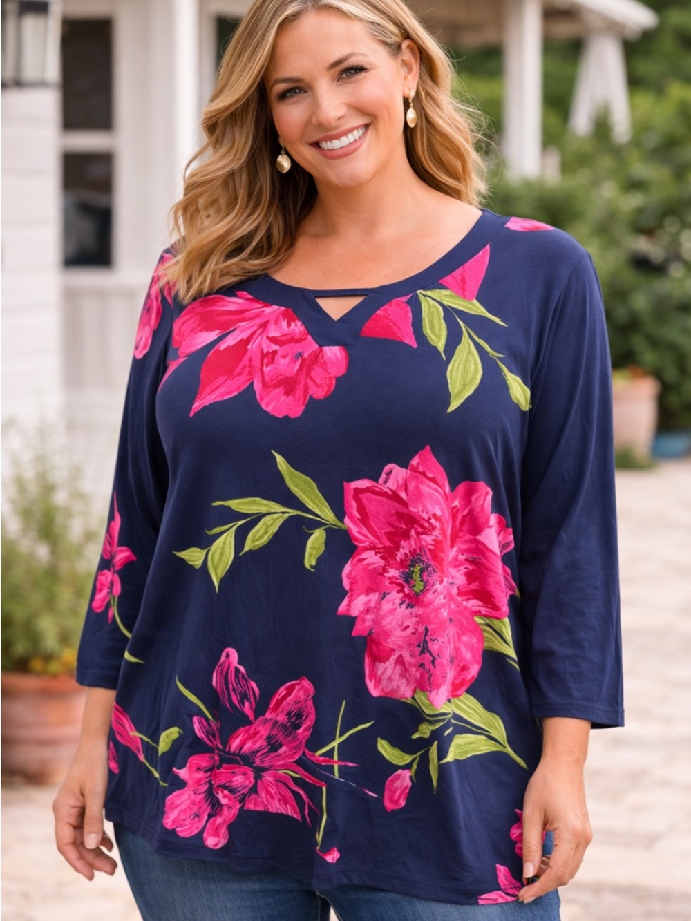 Allison Daley Navy Top with Pink Floral Print